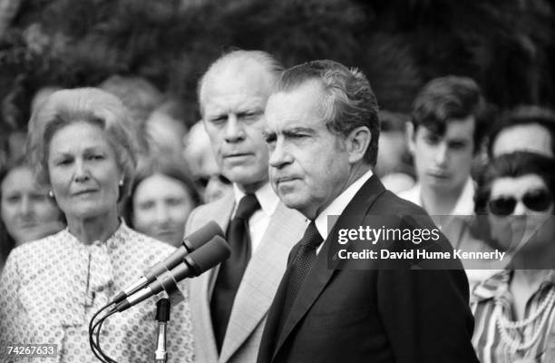 President Richard M. Nixon gives a speech on June 19, 1974 on the White House lawn in Washington, D.C. Vice President Gerald R. Ford and First Lady...