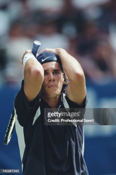 German tennis player Tommy Haas holds his head in his arms in frustration during progress to reach the semifinals of the Men's Singles tennis...