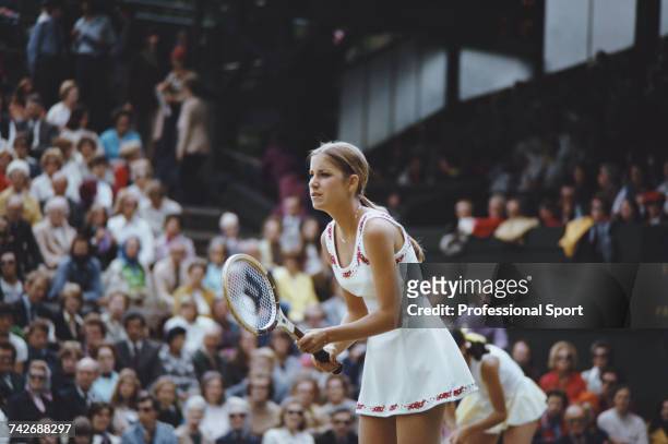 American tennis player Chris Evert pictured in action in the Women's doubles tennis tournament at the 1974 Wimbledon Lawn Tennis Championships at the...