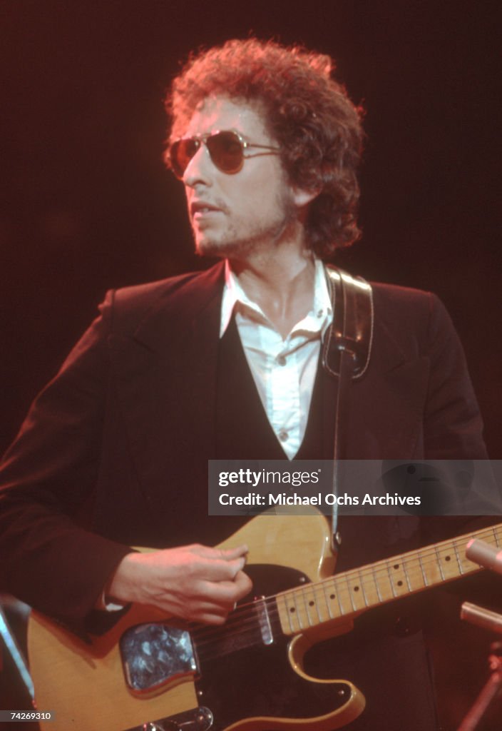 Dylan Telecaster Bob Dylan plays a Fender Telecaster electric guitar on stage in 1974 ...