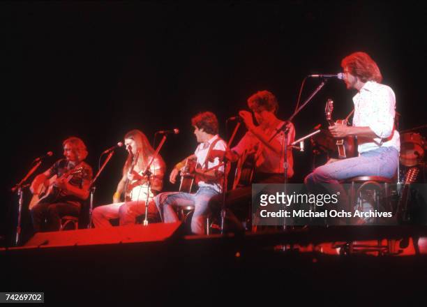 Joe Walsh, Timothy B. Schmit, Glenn Frey, Don Henley and Don Felder of the rock band "Eagles" performing onstage in 1980.