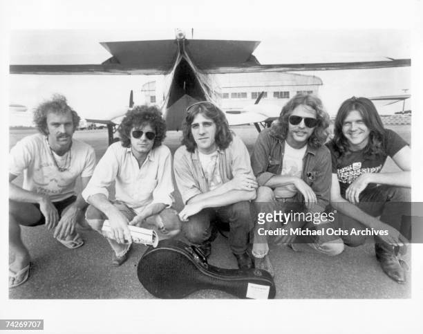 Bernie Leadon, Don Henley, Glenn Frey, Don Felder and Randy Meisner of the rock and roll band "Eagles" pose for a portrait in circa 1976.