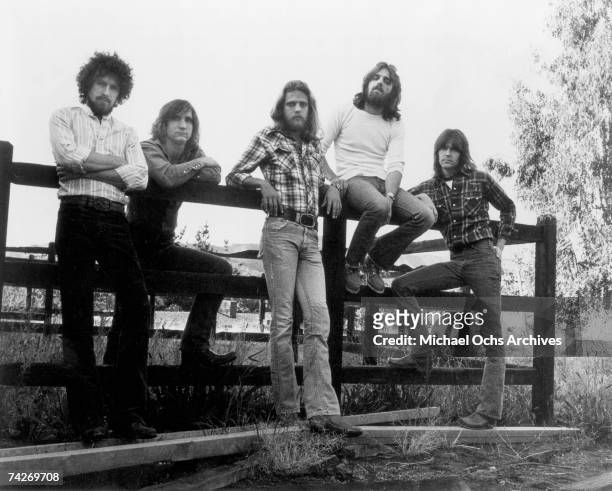 Don Henley, Joe Walsh, Bernie Leadon, Glenn Frey, Randy Meisner of the rock band "Eagles" pose for a portrait in circa 1976.