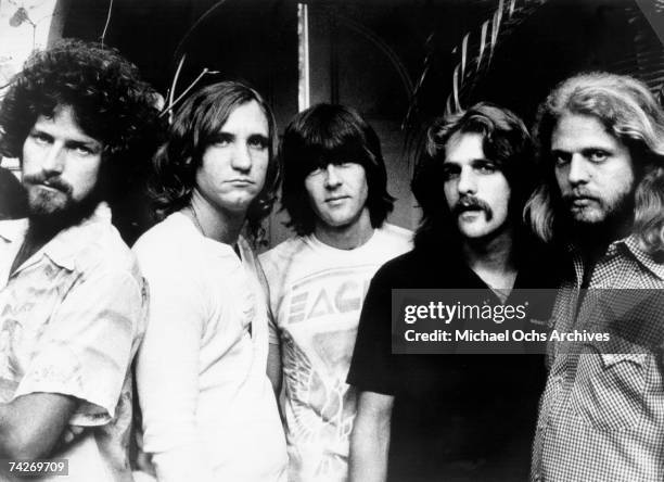 Don Henley, Joe Walsh, Randy Meisner, Glenn Frey and Don Felder of the rock band "Eagles" pose for a portrait in 1977.