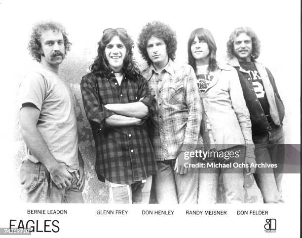 Bernie Leadon, Glenn Frey, Don Henley, Randy Meisner and Don Felder of the rock band "Eagles" pose for a portrait in 1975.