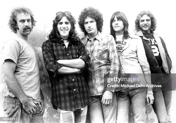 Bernie Leadon, Glenn Frey, Don Henley, Randy Meisner and Don Felder of the rock and roll band "Eagles" pose for a portrait in circa 1976.