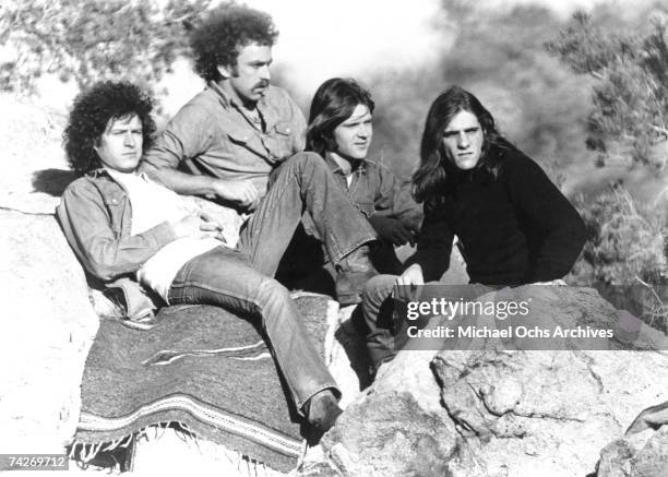 Don Henley, Bernie Leadon, Randy Meisner, Glenn Frey of the rock and roll band "Eagles" pose for a portrait in circa 1977.