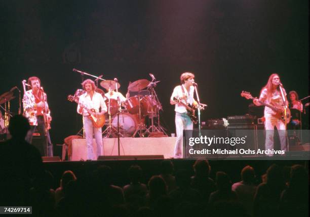 Don Felder, Glenn Frey and Timothy B. Schmit of the rock band "Eagles" perform onstage in 1980.