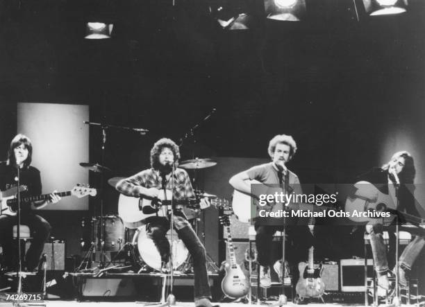 Randy Meisner, Don Henley, Benie Leadon and Glenn Frey of the rock band "Eagles" performing onstage in 1973.