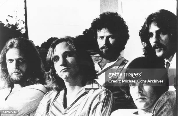 Don Felder, Joe Walsh, Don Henley, Randy Meisner , Glenn Frey of the rock band "Eagles" pose for a portrait in 1976.