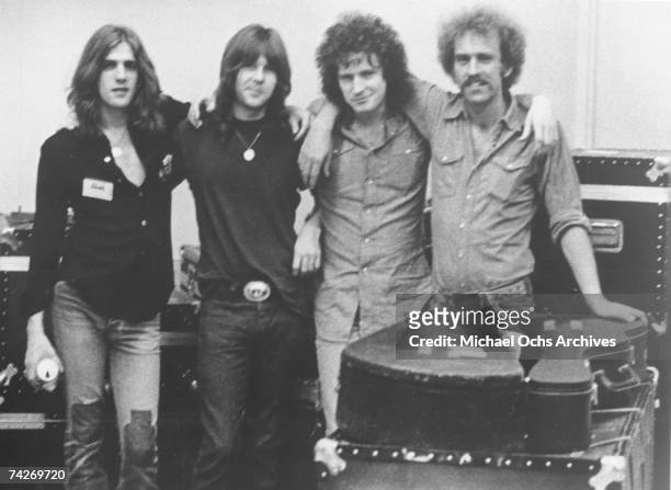 Glenn Frey, Randy Meisner, Don Henley and Bernie Leadon of the rock band "Eagles" pose for a portrait between 1970-73.