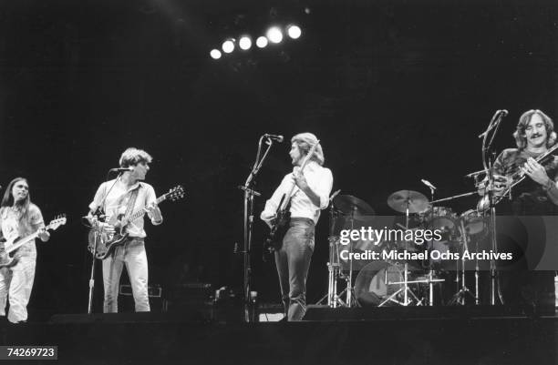Timothy B. Schmit, Glenn Frey, Don Felder, Joe Walsh of the rock band "Eagles" performing in circa 1980.
