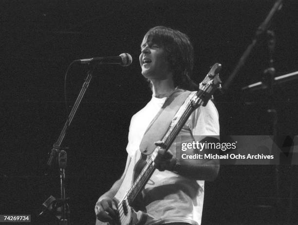 Randy Meisner of the rock band 'Eagles' performs onstage with an acoustic guitar at the Omni Theatre on June 20, 1977 in Atlanta, Georgia.