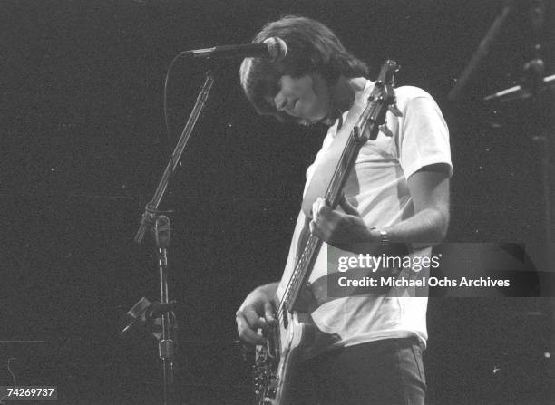 Randy Meisner of the rock band 'Eagles' performs onstage with an acoustic guitar at the Omni Theatre on June 20, 1977 in Atlanta, Georgia.