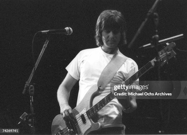 Randy Meisner of the rock band 'Eagles' performs onstage with an acoustic guitar at the Omni Theatre on June 20, 1977 in Atlanta, Georgia.