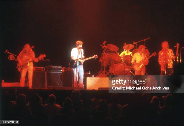 Timothy B. Schmit, Glenn Frey and Don Felder of the rock band "Eagles" performing in 1980.