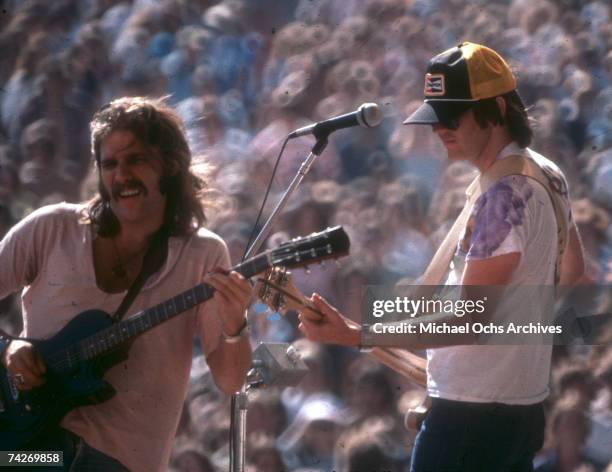 Musicians Glenn Frey and Randy Meisner of the rock band 'Eagles' perform onstage in 1976 in Los Angeles.