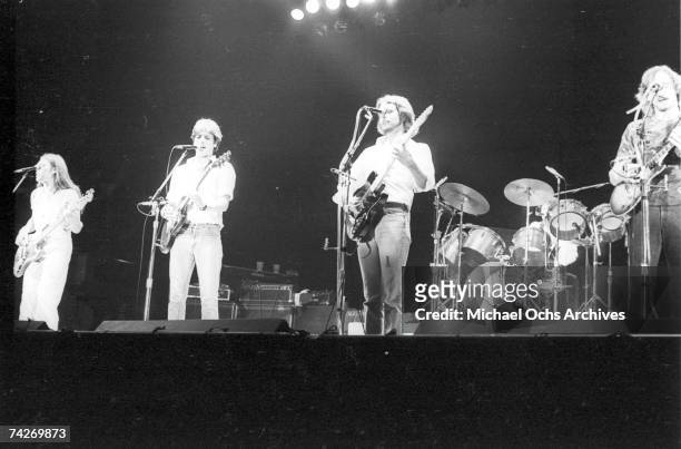 Timothy B. Schmit, Glenn Frey, Don Felder, Joe Walsh of the rock band "Eagles" performing in circa 1980.