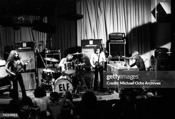 Guitarist David "Rock" Feinstein, drummer Gary Driscoll, bassist Ronnie James Dio and keyboardist Mickey Lee Soule of the rock and roll band "Elf"...