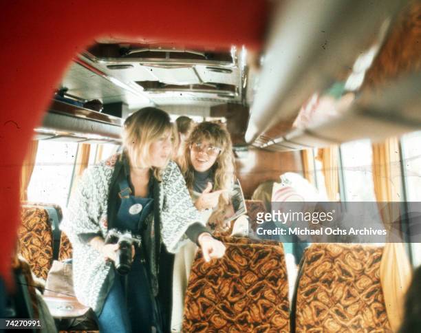 Christine McVie and Stevie Nicks of the rock group "Fleetwood Mac" on the bus in circa 1976.