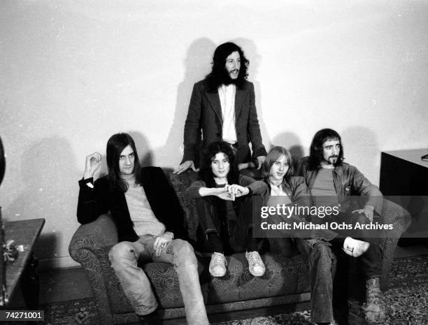 Mick Fleetwood, Jeremy Spencer, Danny Kirwan, John McVie and Peter Green of the rock group 'Fleetwood Mac' pose for a portrait on March 21, 1970 in...