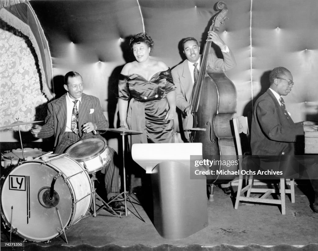 Jazz Singer Ella Fitzgerald With Drummer Lee Young Bassist Ray Brown jazz-singer-ella-fitzgerald-with-drummer-lee-young-bassist-ray-brown