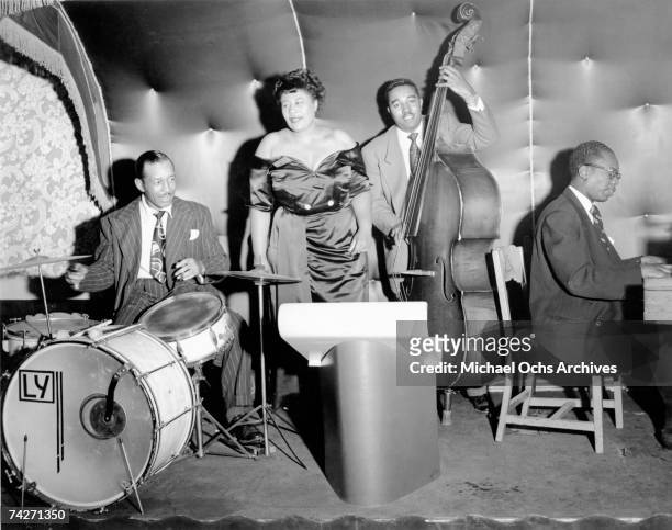 Jazz singer Ella Fitzgerald with drummer Lee Young, bassist Ray Brown and pianist Hank Jones perform circa 1948 in los Angeles, california.