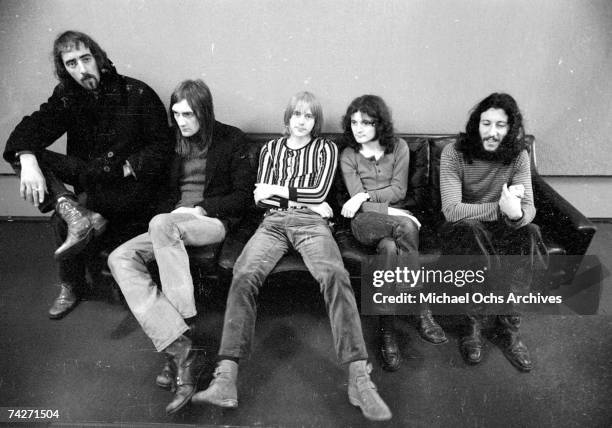 John McVie, Mick Fleetwood, Danny Kirwan, Jeremy Spencer and Peter Green of the rock group 'Fleetwood Mac' pose for a portrait on March 21, 1970 in...