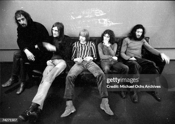 John McVie, Mick Fleetwood, Danny Kirwan, Jeremy Spencer and Peter Green of the rock group 'Fleetwood Mac' pose for a portrait on March 21, 1970 in...