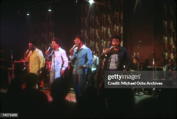 Vocal group "The Four Tops" perform onstage in circa 1975. Lawrence Payton, Ronaldo "Obie" Benson, Abdul "Duke" Fakir, Levi Stubbs.