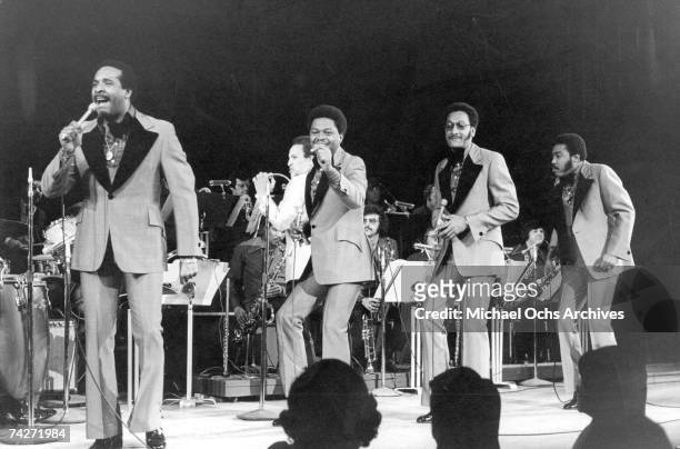 Vocal group "The Four Tops" perform onstage in circa 1973 in New York City, New York. Levi Stubbs, Ronaldo "Obie" Benson, Abdul "Duke" Fakir,...