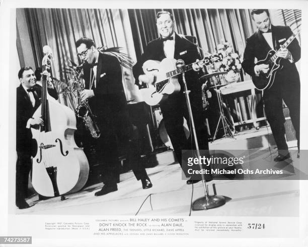 Bill Haley and His Comets perform in the Columbia Pictures film "Don't Knock the Rock" in 1956 in Los Angeles, California.