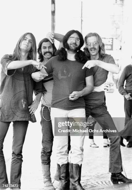 Bob Weir, Bill Kreutzmann, Jerry Garcia, Phil Lesh of the rock and roll group "The Grateful Dead" pose for a portrait session on Portrero Hill in...