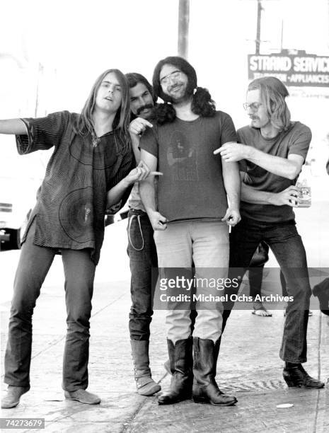 Bob Weir, Bill Kreutzmann, Jerry Garcia, Phil Lesh of the rock and roll group "The Grateful Dead" pose for a portrait session on Portrero Hill in...