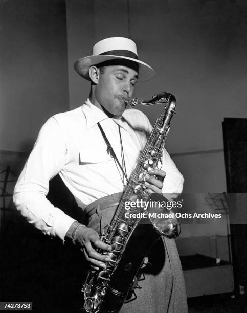 Musician Dexter Gordon recording at Capitol Records on June 5, 1947 in Los Angeles, California.