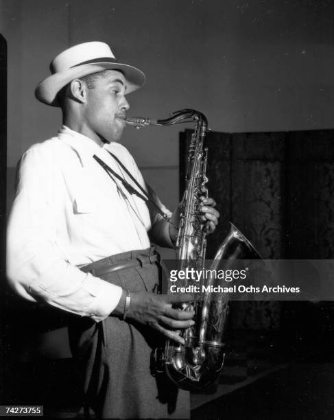 Musician Dexter Gordon recording at Capitol Records on June 5, 1947 in Los Angeles, California.