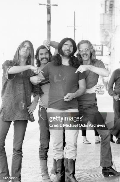 Bob Weir, Bill Kreutzmann, Jerry Garcia, Phil Lesh of the rock and roll group "The Grateful Dead" pose for a portrait session on Portrero Hill in...