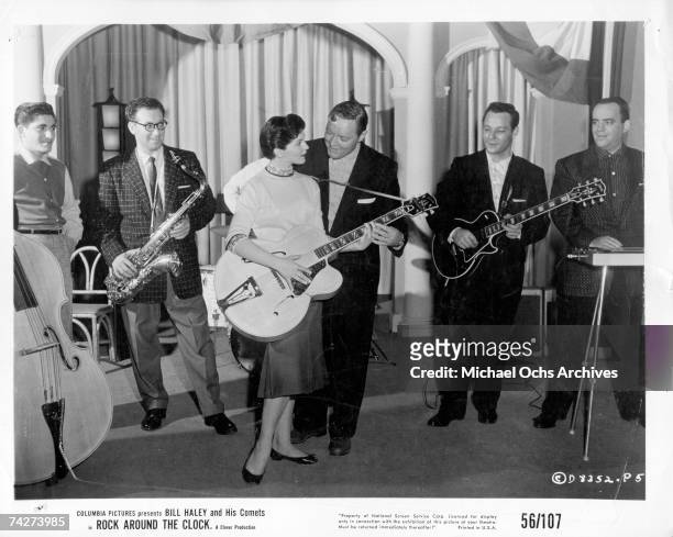 Bill Haley and His Comets perform in the Columbia Pictures film "Don't Knock the Rock" in 1956 in Los Angeles, California.