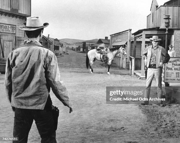 James Arness as Marshall Matt Dillon faces down a bad guy on an episode of 'Gunsmoke' circa 1965 in Los Angeles, California.