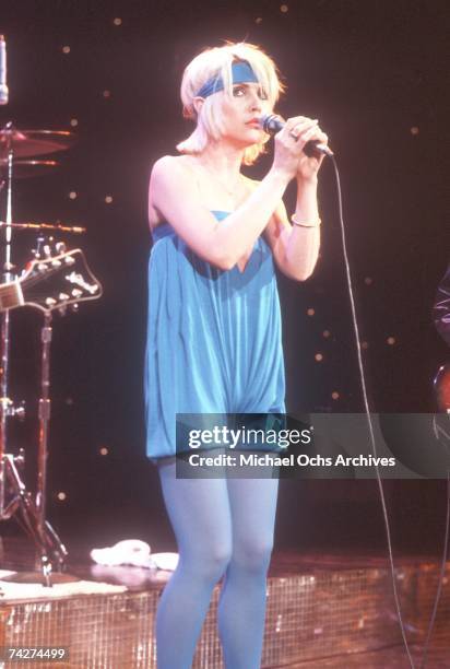 Debbie Harry of the New wave group Blondie performs 'Heart of Glass' on the TV show Midnight Special that aired on January 19, 1979 in Los Angeles,...