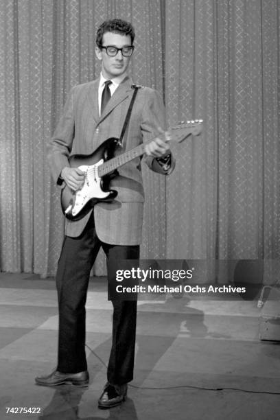 Buddy Holly performs on the Ed Sullivan Show at the Ed Sullivan Theatre on January 26, 1958 in New York City, New York.