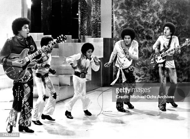 Quintet Jackson 5 perform on a TV show in circa 1969. Tito Jackson, Marlon Jackson, Michael Jackson, Jackie Jackson, Jermaine Jackson.
