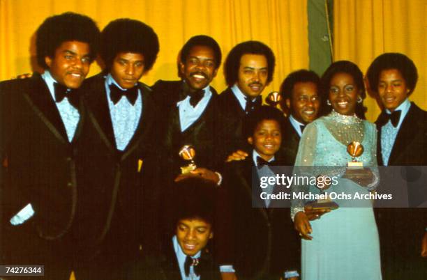 Quintet The Jackson 5 pose backstage with Grammy winners Gladys Knight & The Pips at the 16th annual Grammy Awards at the Hollywood Palladium, Los...