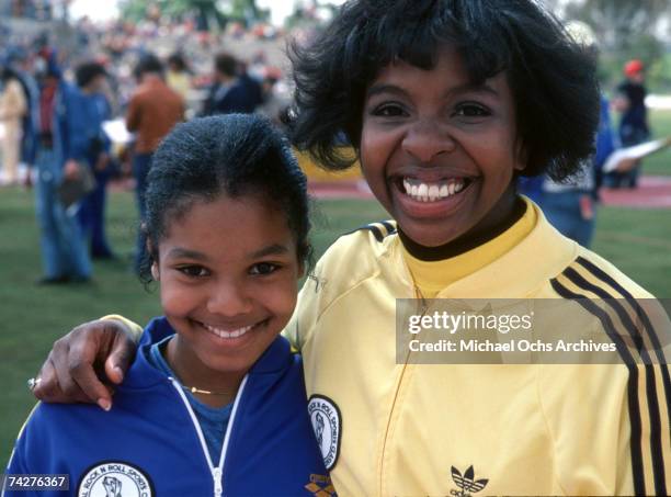 Pop singer Janet Jackson and R&B singer Gladys Knight joke on the set of the first episode of 'The Rock N' Roll Sports Classic' which aired on May 3,...