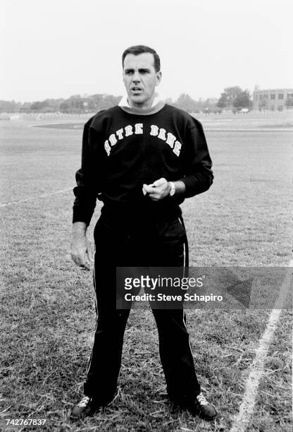 View of University of Notre Dame football coach Ara Parseghian as he conducts practice on the field, South Bend, Indiana, 1964.