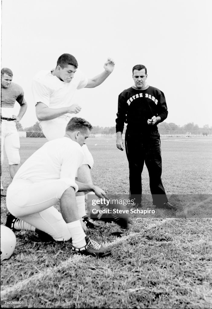 View of University of Notre Dame football coach Ara Parseghian as he View of University of Notre Dame football coach Ara Parseghian as he