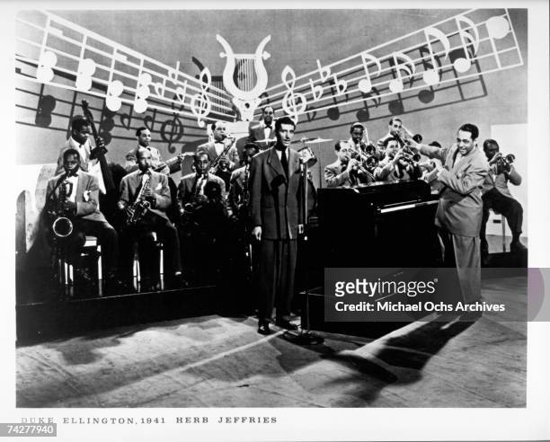 Composer Duke Ellington and his orchestra perform onstage with Herb Jeffries in 1941.