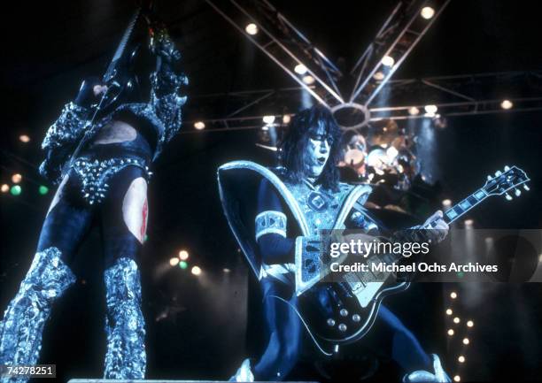 Gene Simmons, Paul Stanley, Ace Frehley and Peter Criss of the rock and roll band 'Kiss' perform onstage on July 24, 1979 in Los Angeles, California.