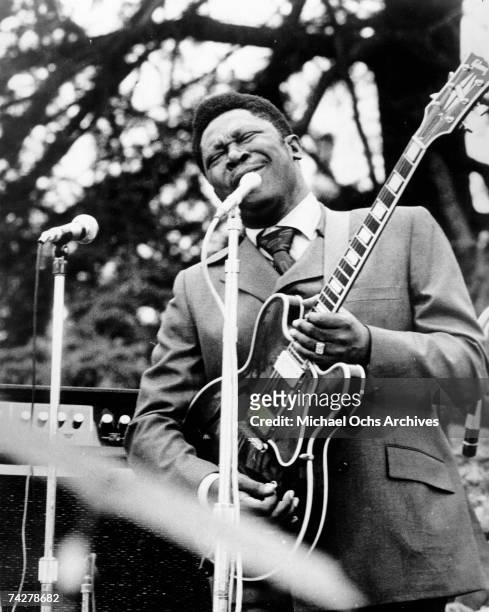 Blues musician B.B. King performs onstage with "Lucille" his hollowbody Gibson electric guitar in circa 1970.