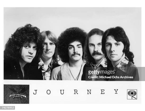 Rock group Journey (l-R Gregg Rolie, Ross Valory, Neal Schon, George Tickner and Aynsley Dunbar pose for a CBS Photo circa 1975.